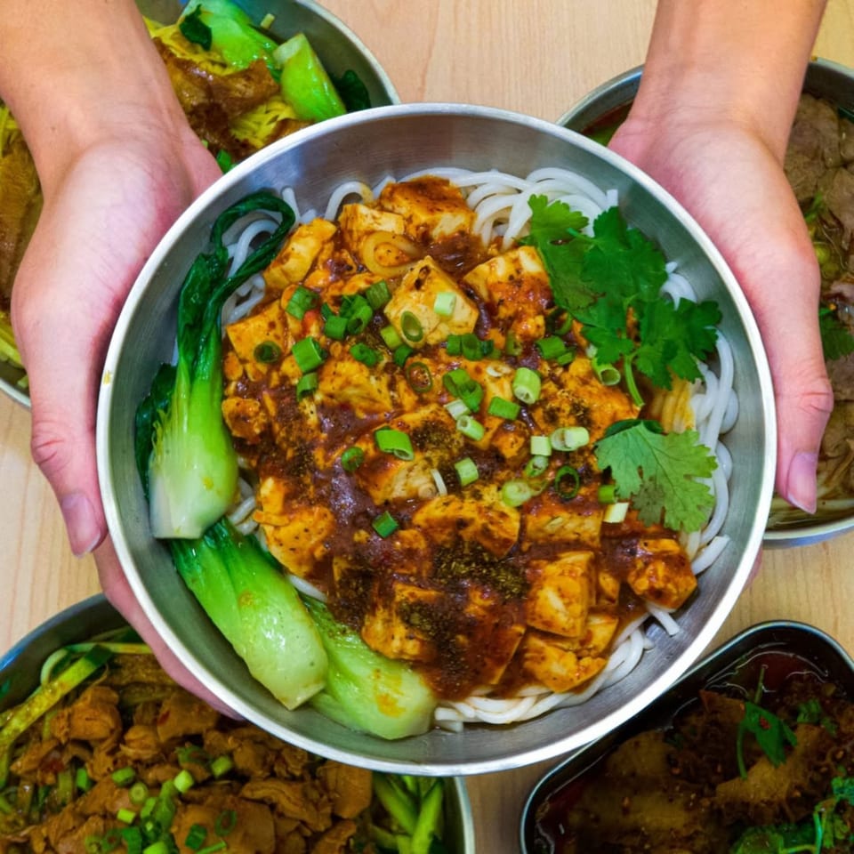 Hands holding a bowl of Loong Noodles with tofu, bok choy, and cilantro over rice noodles.