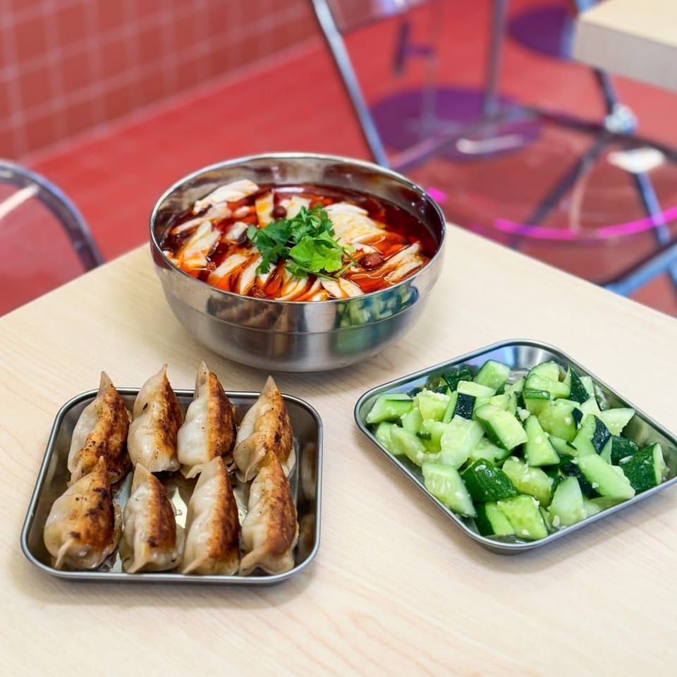 A bowl of spicy chicken, a tray of pan-fried dumplings, and a side of cucumber salad.